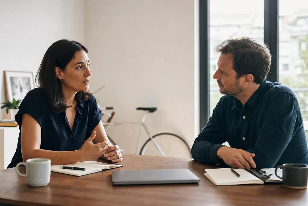 Two people in conversation across a table with a laptop and notebooks between them